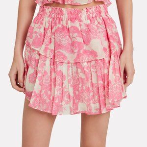 LoveShackFancy Ruffle Cotton & Silk Mini Skirt Pink Floral Size S